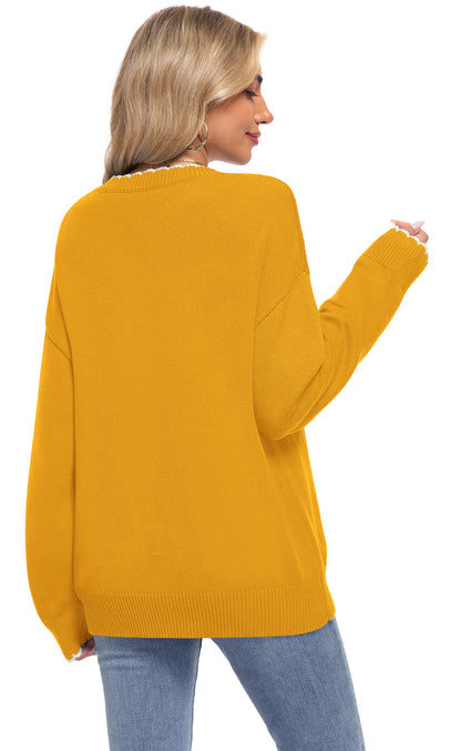 Back view of an AUSELILY mustard yellow long-sleeve sardine knit sweater