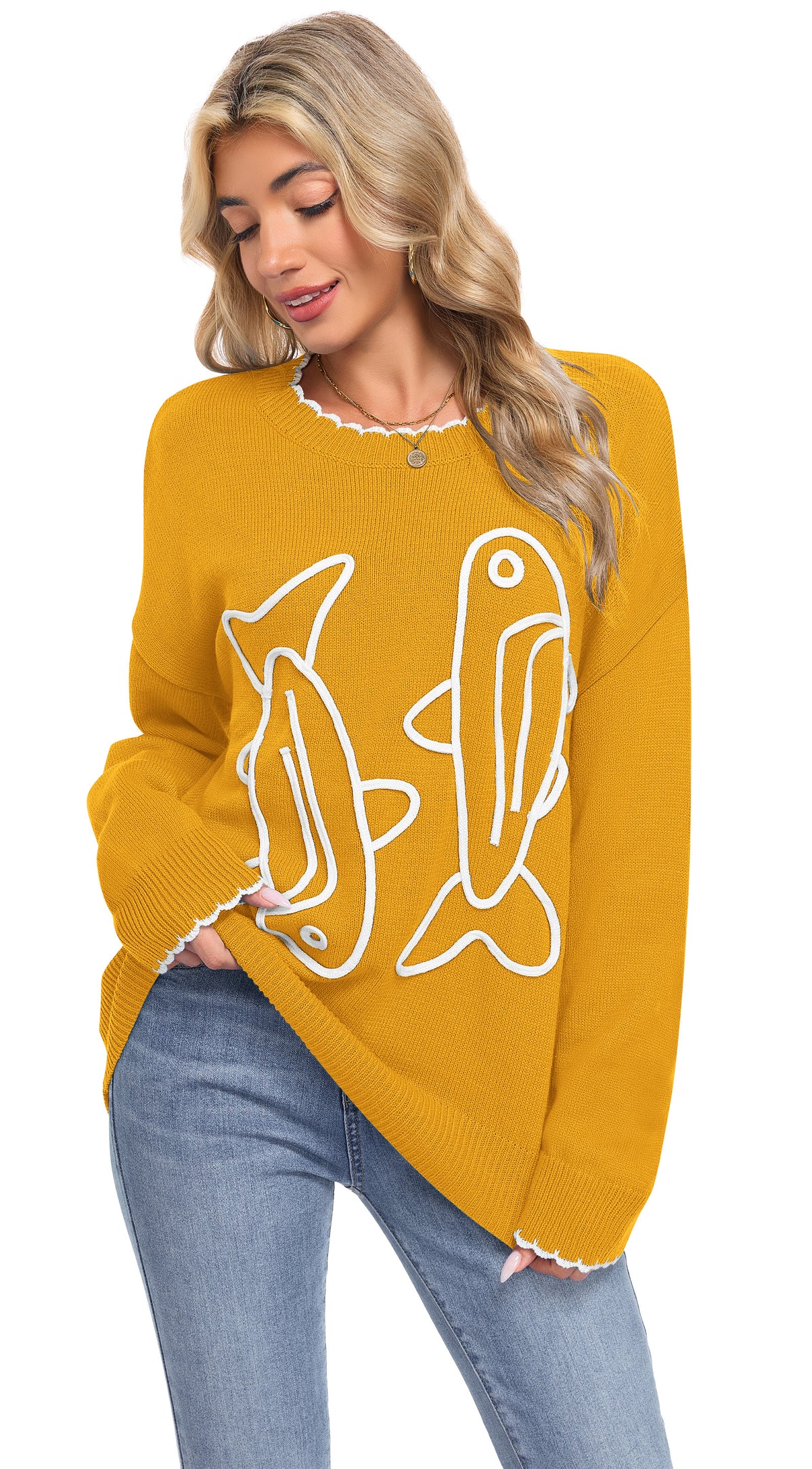 AUSELILY Women's Cord Embroidered Sardine Sweater - Long Sleeve Crewneck Knit Pullover