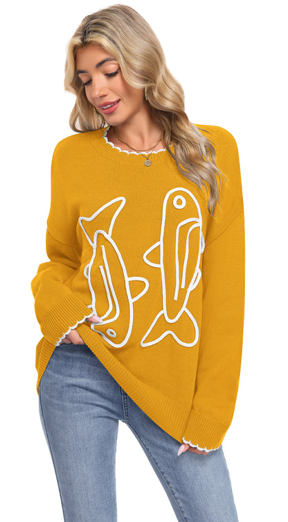 AUSELILY Women's Cord Embroidered Sardine Sweater - Long Sleeve Crewneck Knit Pullover