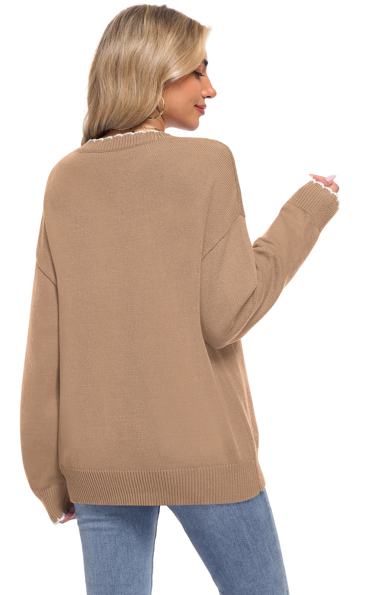 Back view of an AUSELILY khaki long-sleeve sardine knit sweater