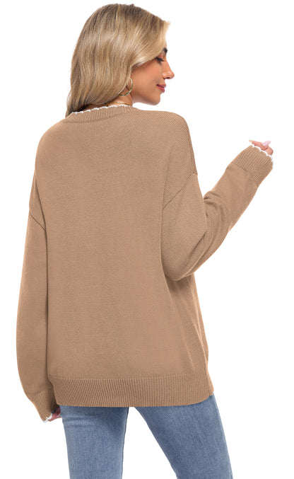 Back view of an AUSELILY khaki long-sleeve sardine knit sweater