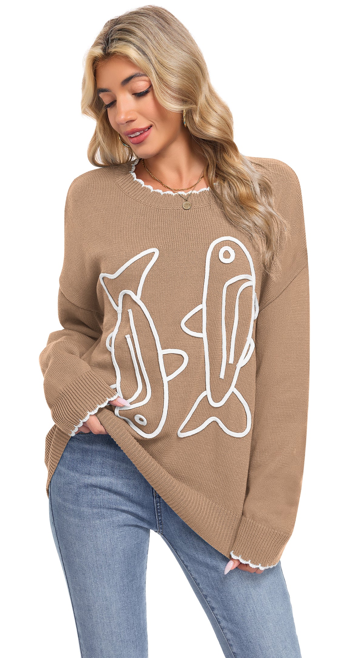 AUSELILY Women's Cord Embroidered Sardine Sweater - Long Sleeve Crewneck Knit Pullover