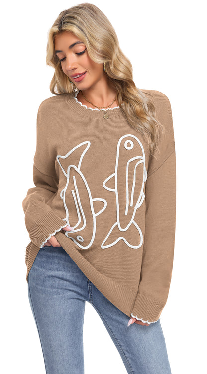 AUSELILY Women's Cord Embroidered Sardine Sweater - Long Sleeve Crewneck Knit Pullover