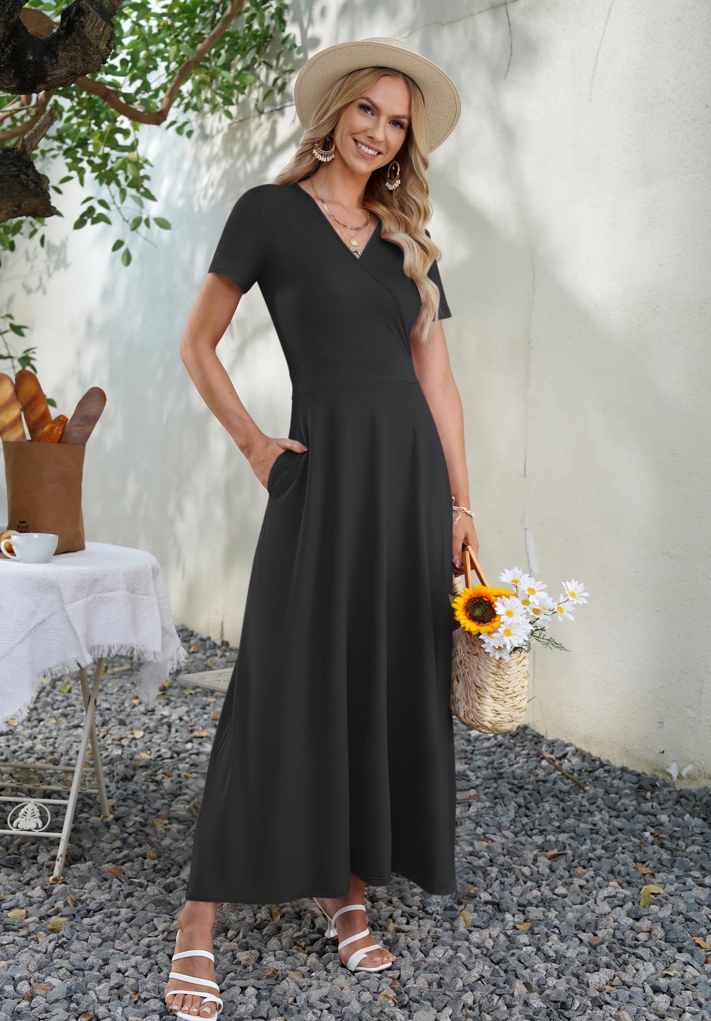 AUSELILY Maxi Dresses for Women Ankle Length Floral Print Beach Long Flowy Dress with Pockets